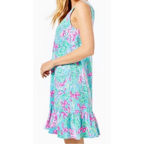 Lilly Pulitzer Kristen Flounce Swing Dress SZ S Amalfi Blue Best Fishes - Picture 2 of 15